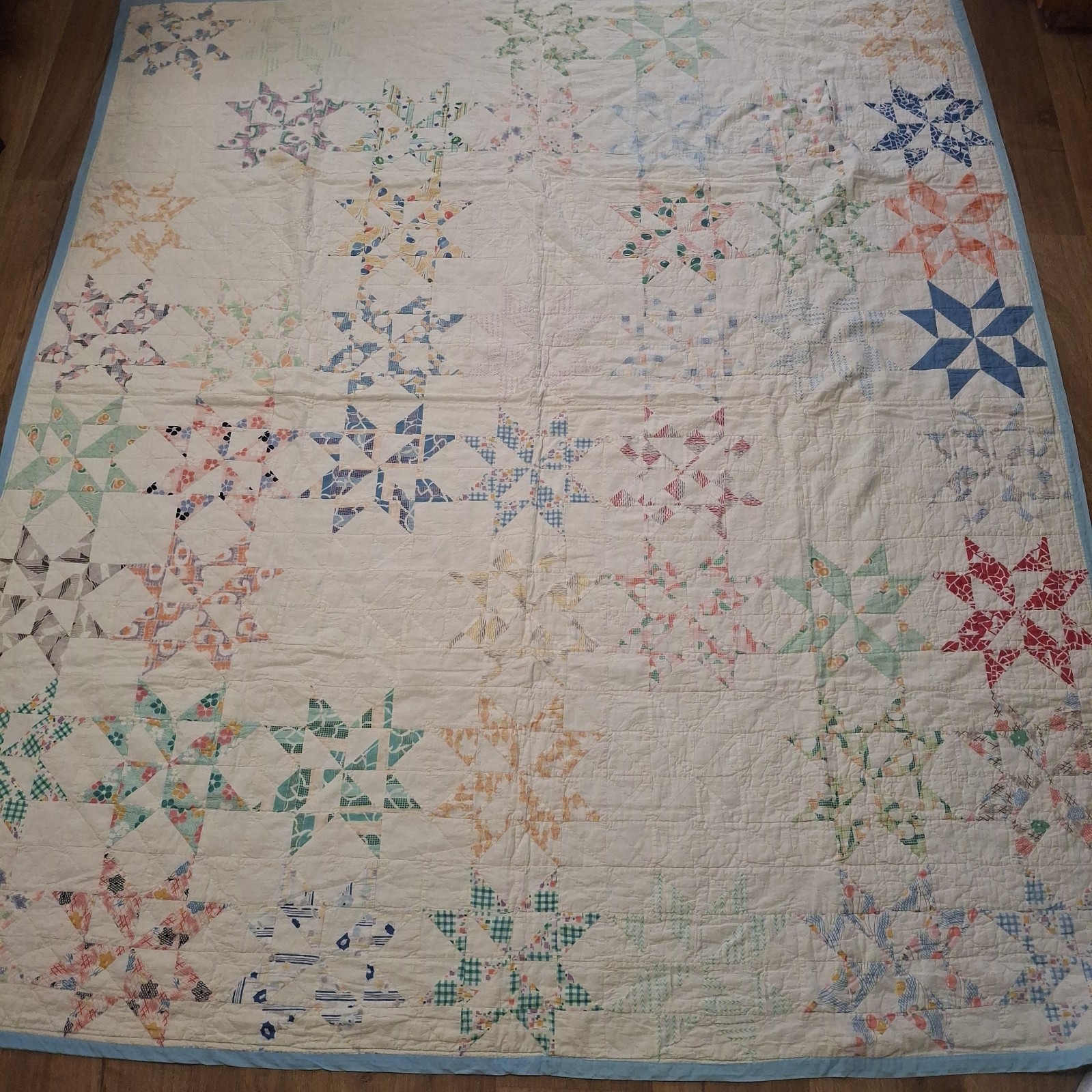 Vintage 1930s Hand Quilted Star Quilt Twin 66x74 Floral Feed Sack Backing