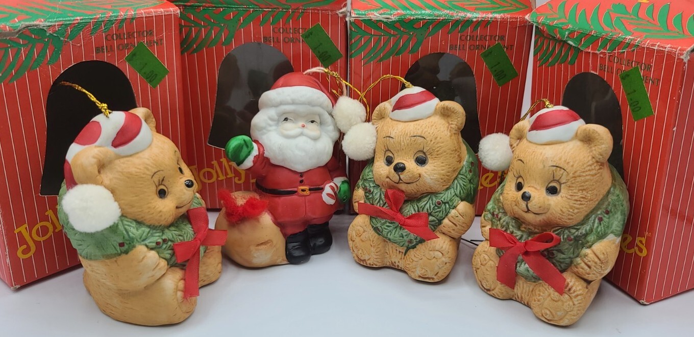 JOLLY JINGLES Santa-Cuddle Bear ORNAMENT BELLS Christmas 1986  Porcelain Bisque