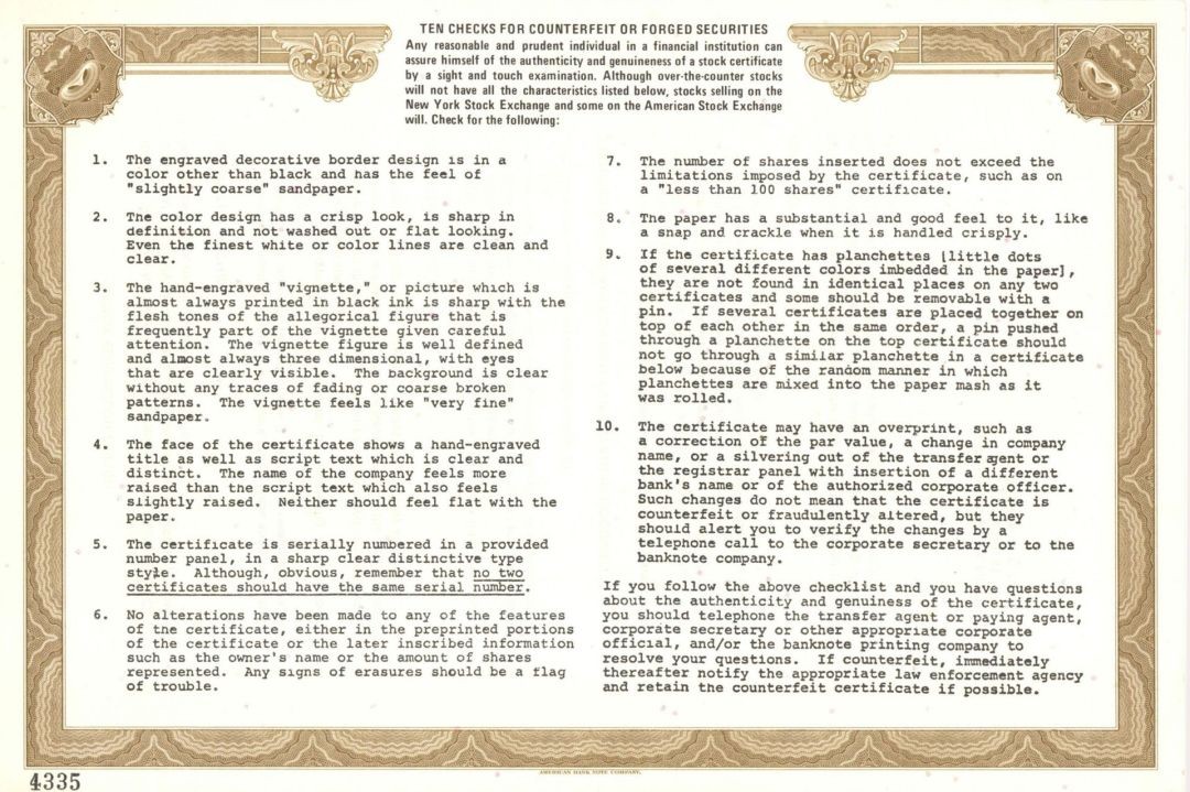 Checklist for Counterfeit or Forged Securities - American Bank Note Company -