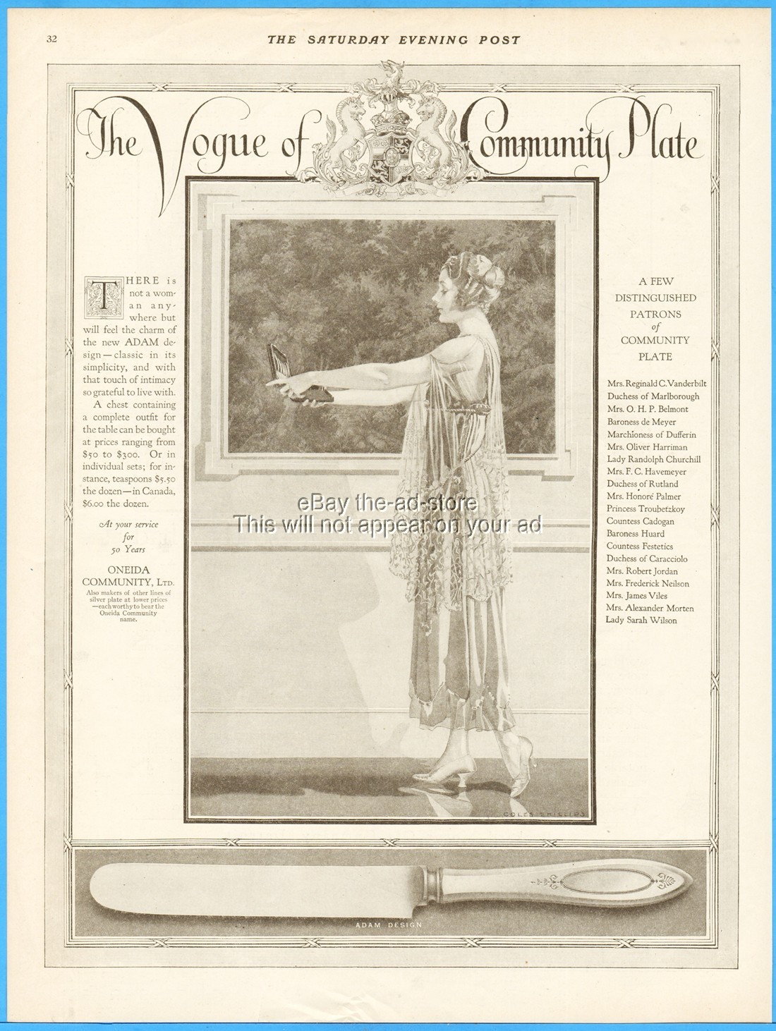 1917 Coles Phillips Oneida Community Plate Silverware Flatware Adam Design Ad