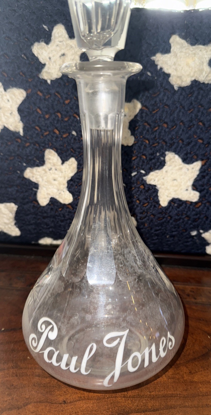 ANTIQUE PRE-PRO ETCHED GLASS ENAMEL PAUL JONES BACK BAR WHISKEY BOTTLE DECANTER