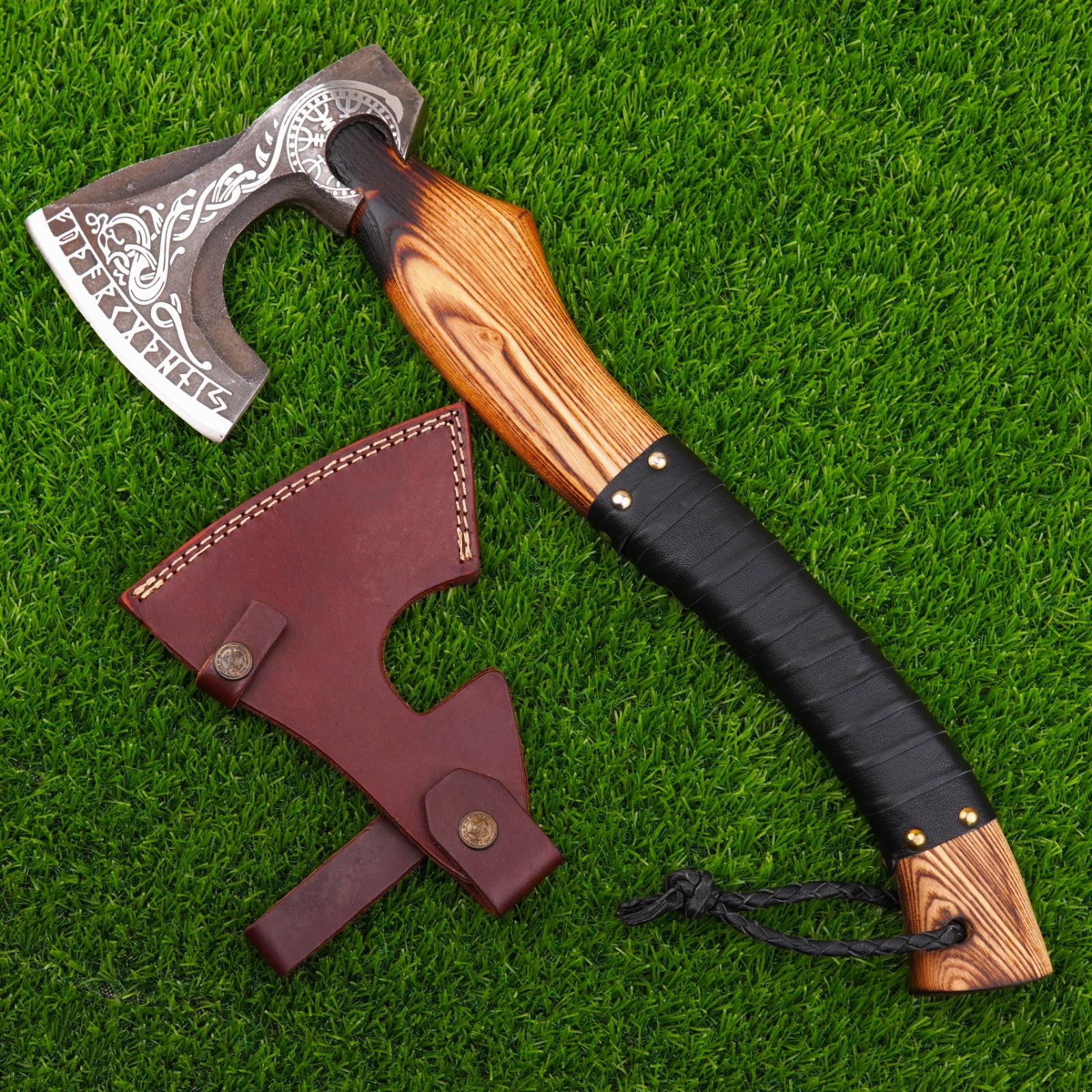 Handmade Carbon Steel Engraved Viking Axe, Hatchet with Leather Sheath