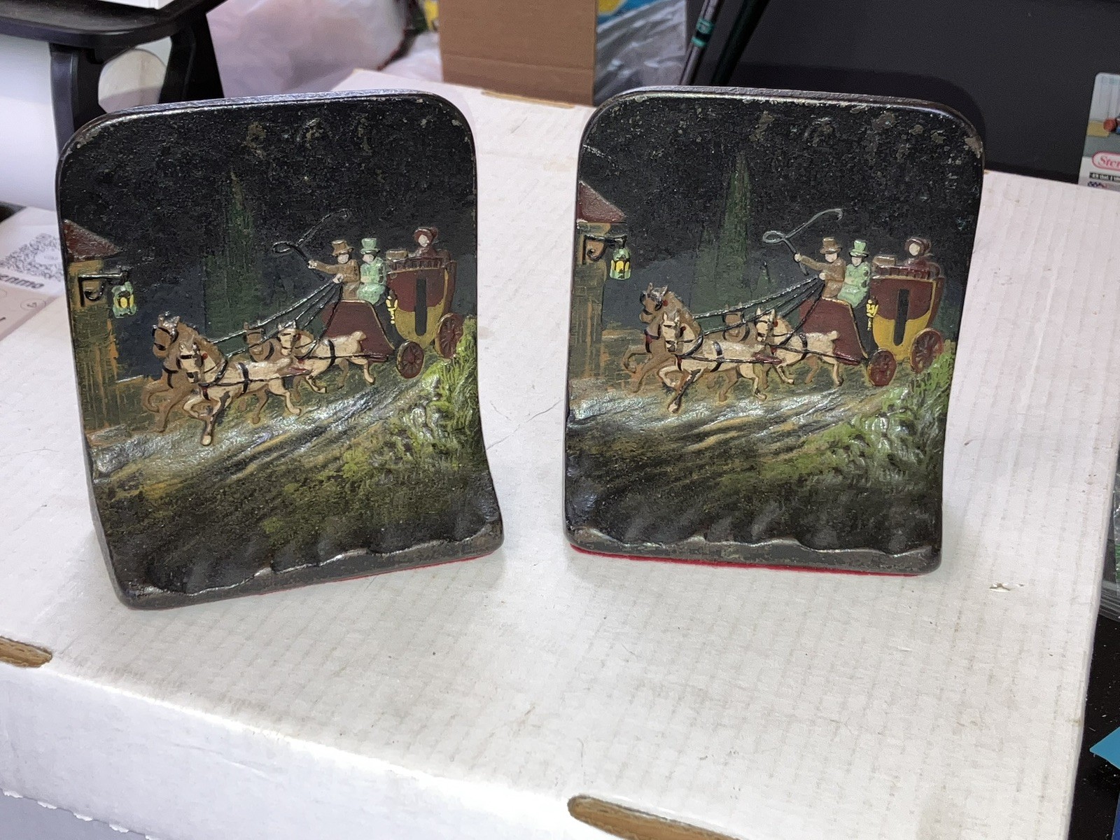 Antique Hubley Cast Iron Bookends Pair Cold Painted Coaxing the Horse Carriage 