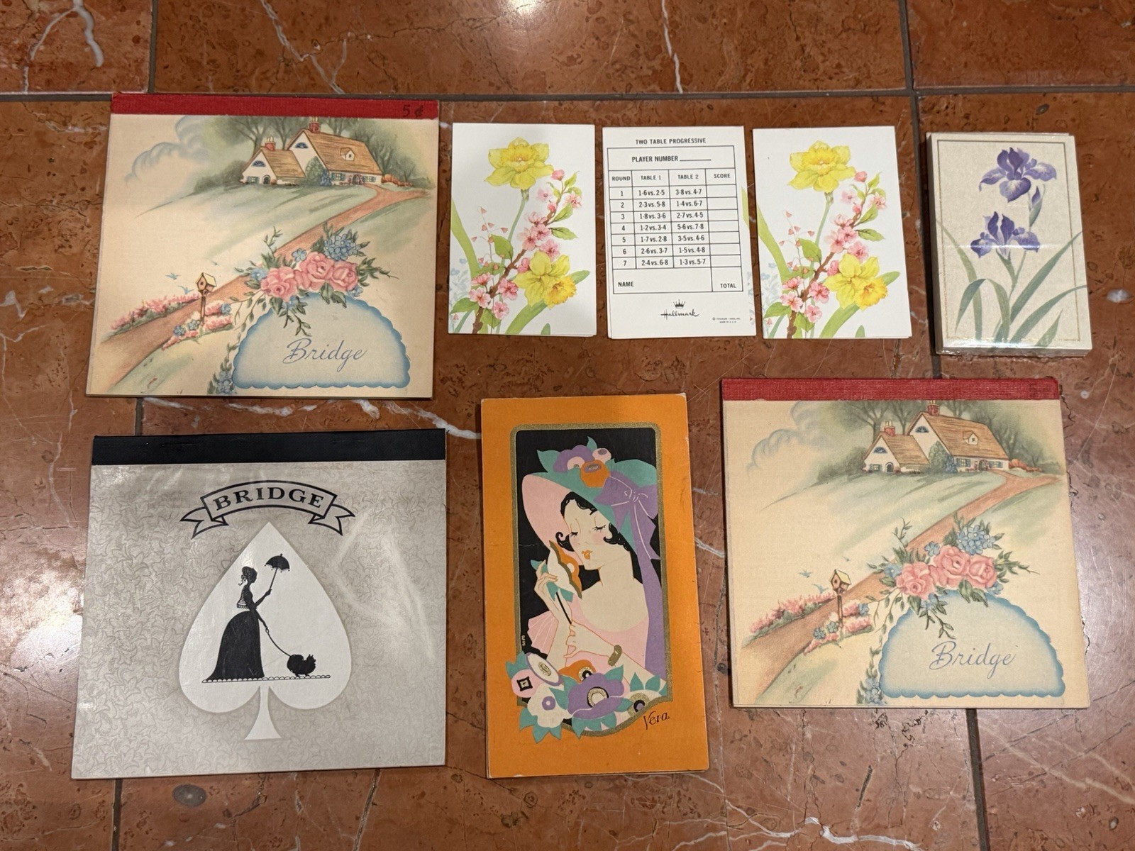 VERA HALLMARK VINTAGE BRIDGE SCORE PADS TALLY SHEETS ART DECO FLORAL COTTAGE LOT