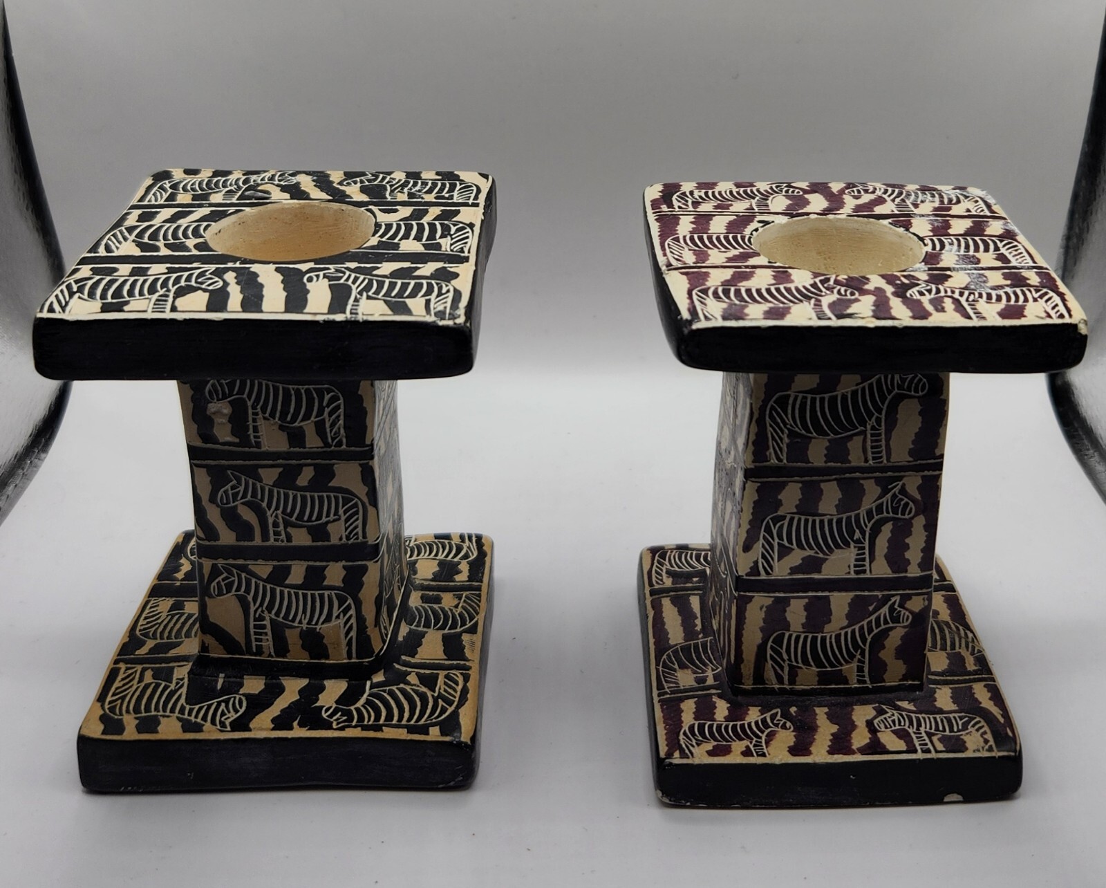Genuiyne Hand Carved Besmo Wood Candleholders, Keyna, Crack shown in photo 4