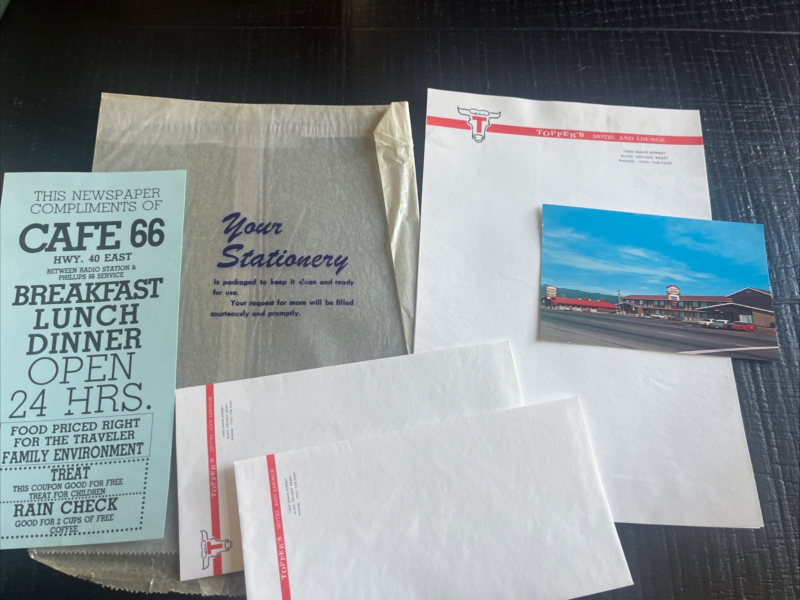 Vintage Topper’s Motel Lounge Steakhouse Stationary & Postcard - Elko Nevada