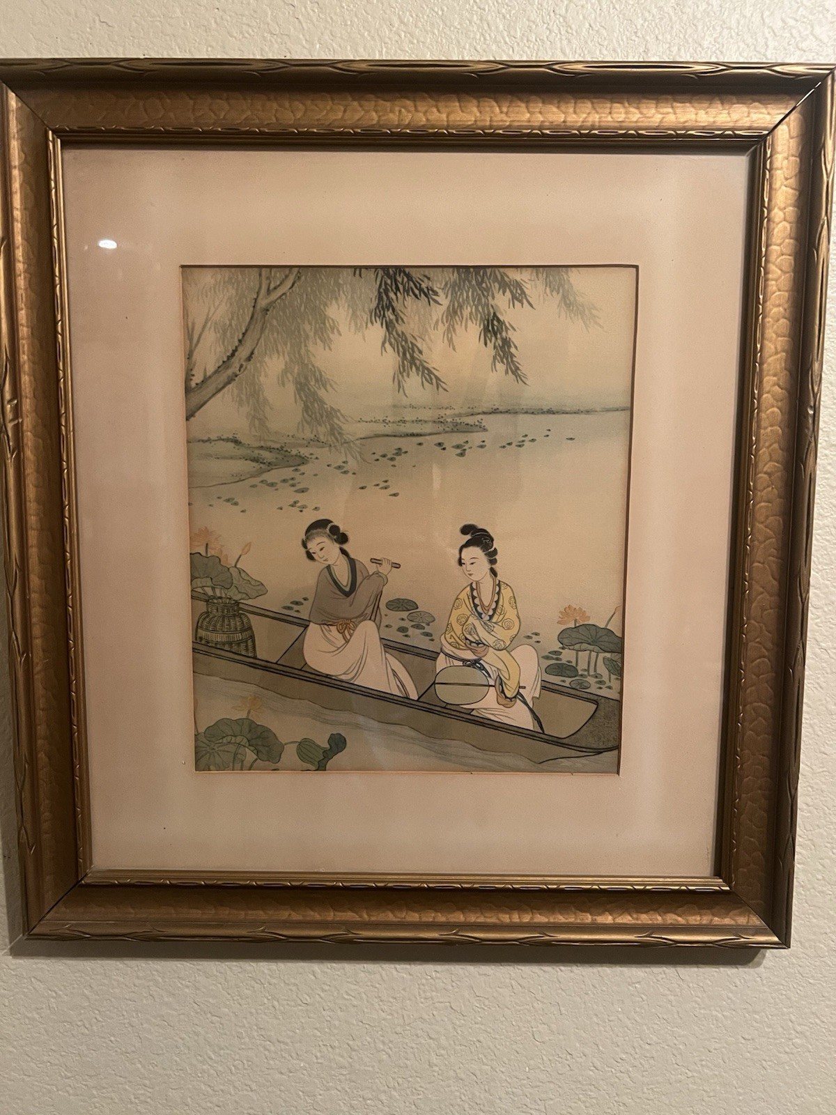Vintage Asian Art Print 2 Women in Boat Lotus Pond Ornate Gold Frame Japanese St