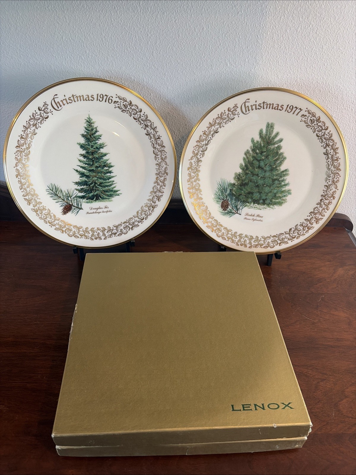 Lot Of 2 VTG Lenox Christmas Tree Plates, 1976 Douglas Fir, 1977 Scotch Pine