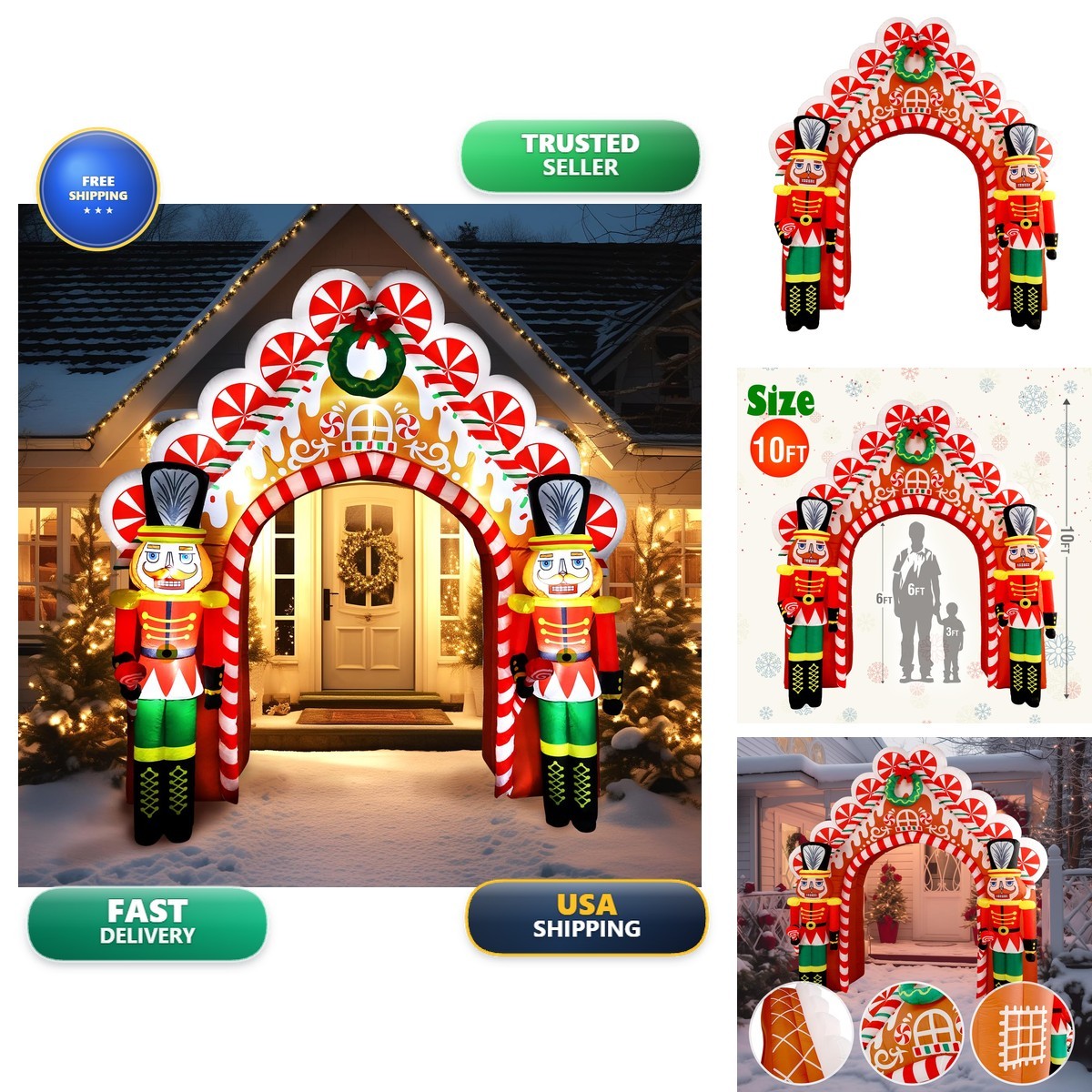 WBHome 10 Ft Christmas Inflatable Gingerbread Candy House Nutcrackers LED Light