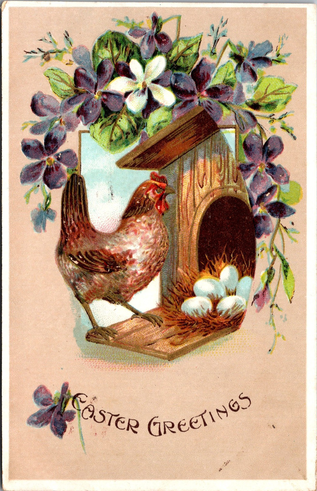 Easter Greetings Hen Waling Into House With Eggs Flowers Embossed c1912