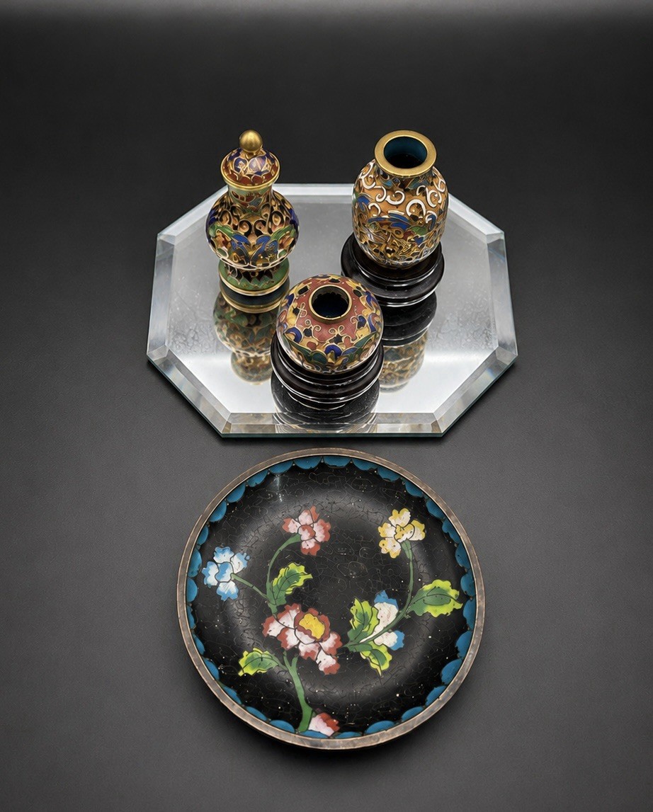 Vintage Chinese Cloisonne Enamel Mini Vases & Floral Trinket Bowl 4 Pc Lot