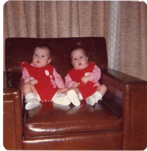 Vtg 1970s Found Photo Twin Babies Red Outfits on Chair Snapshot