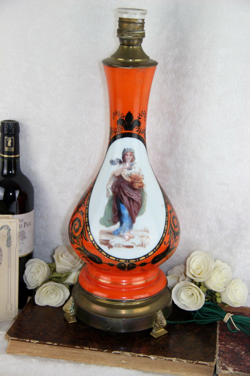 A gorgeous vtg french porcelain lamp with art nouveau lady and dragon motifs 60\'
