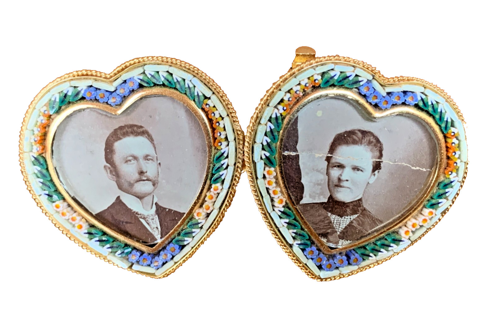 Antique Micro Mosaic Glass & Brass Double Heart Picture Photo Frame Murano Italy