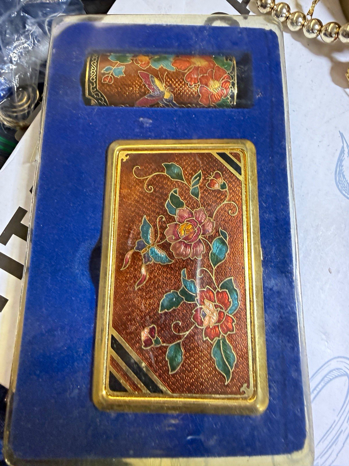 Vintage Floral Metal Tobacco cigarette Case w/ Matching BIC lighter Holder