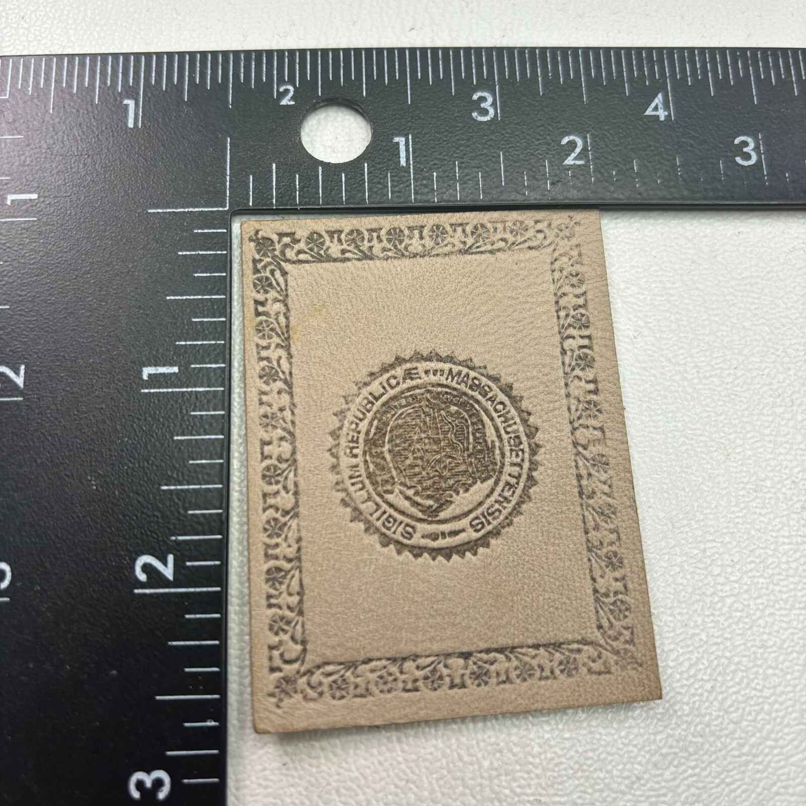 Vintage c 1910s State SEAL REPUBLIC OF MASSACHUSETTS Tobacco Leather Patch 39SS