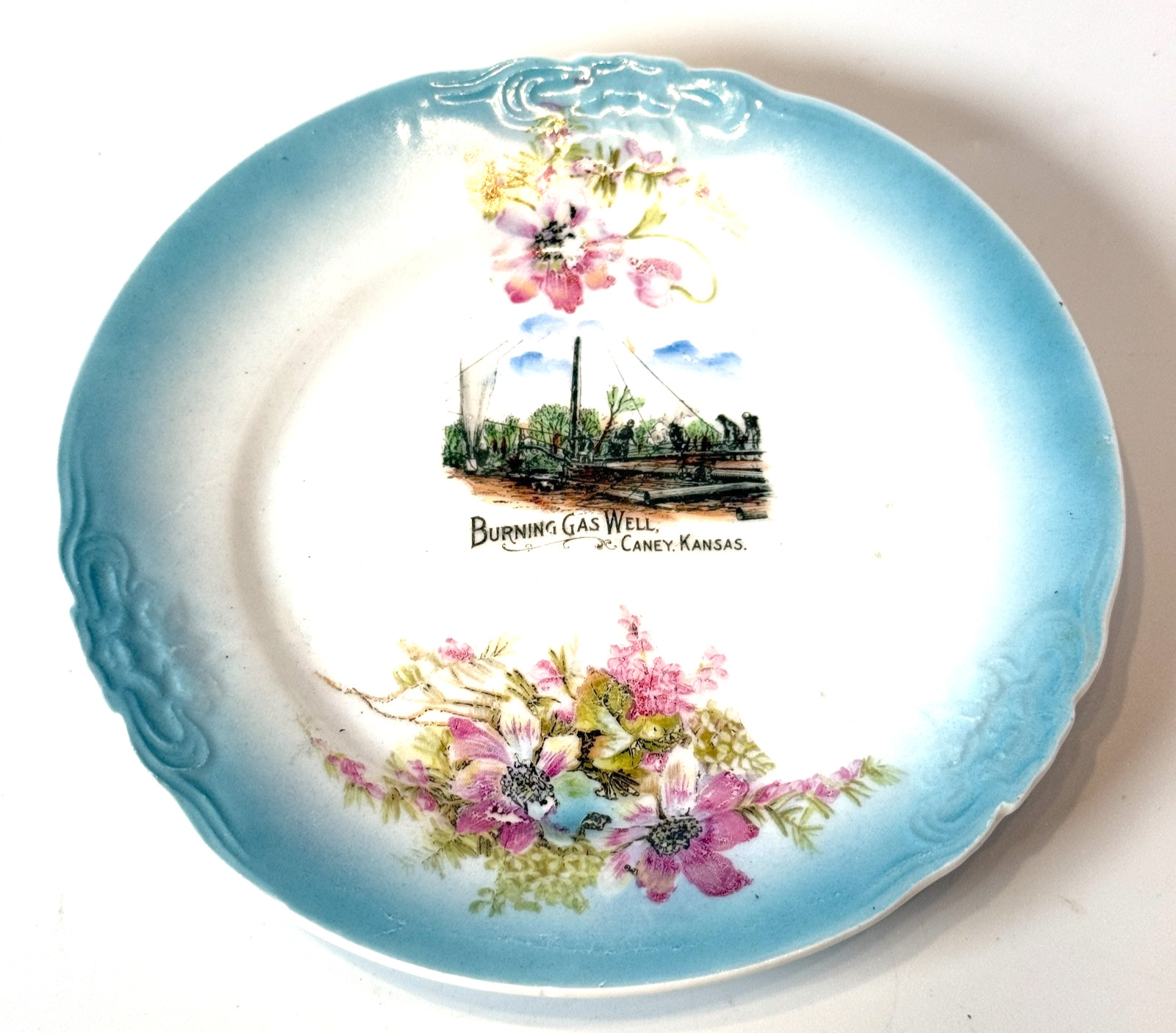 Caney KS KANSAS BURNING GAS WELL Antique Souvenir RARE China Dish Plate