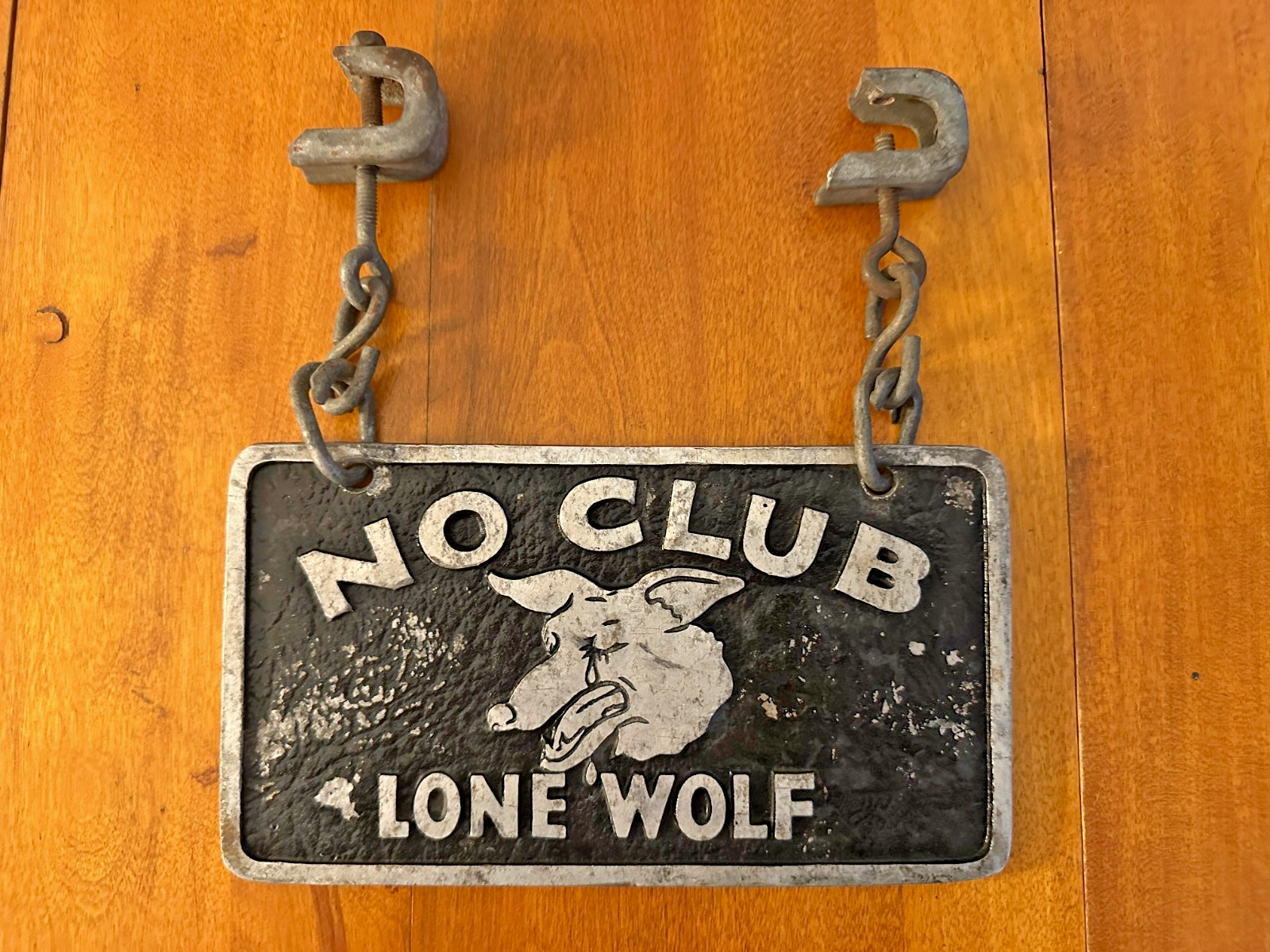 Vintage 1950s NO CLUB LONE WOLF Auto Club PLAQUE Original Hardware HOT ROD