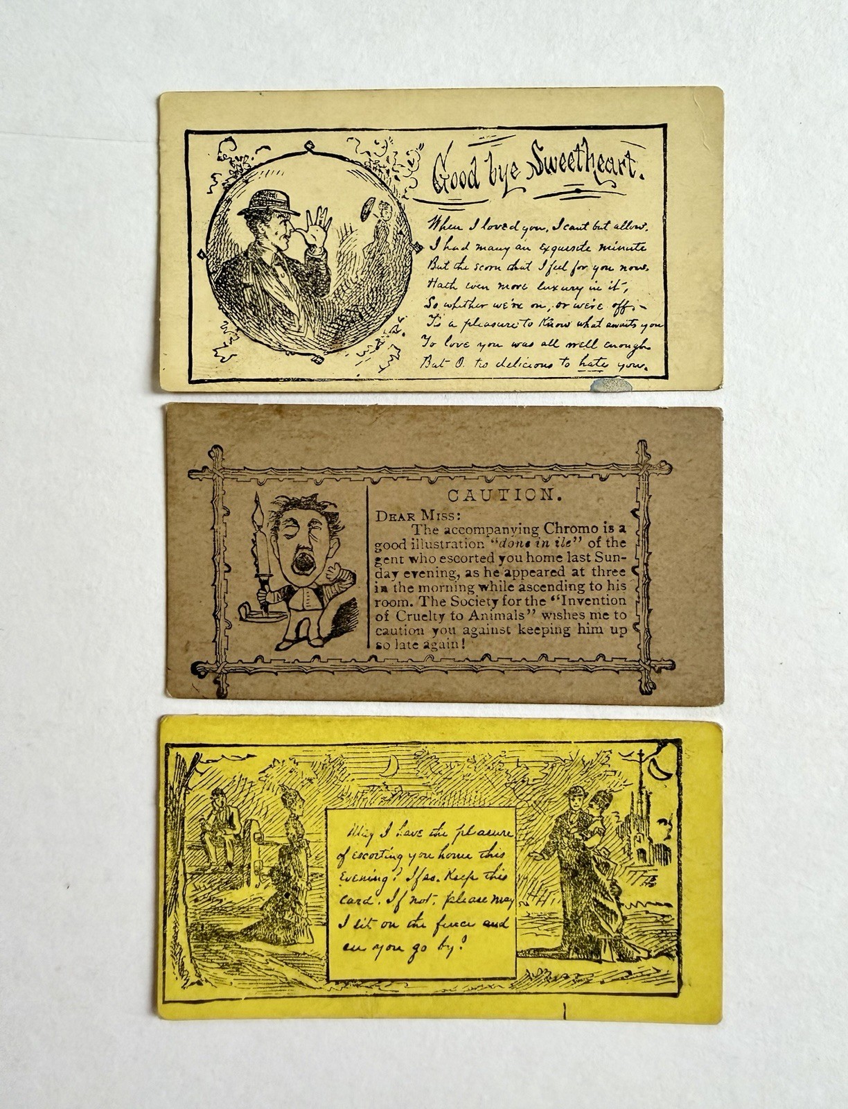 Lot Of 3 Antique Victorian Acquaintance Escort Cards, Love Courting Flirtation