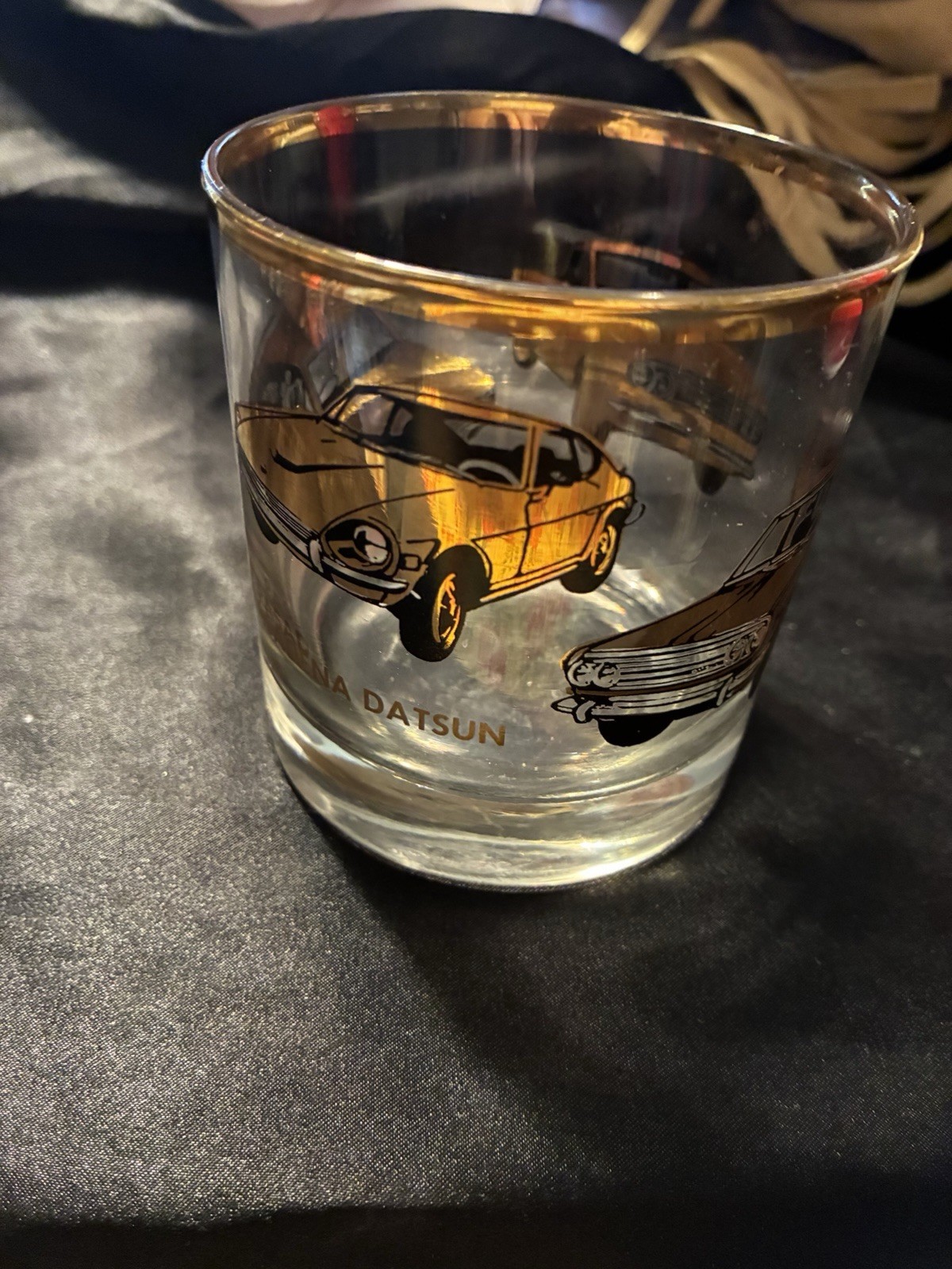 Vintage Datsun Glass Pasadena Datsun Cocktail Lowball, Gold Leaf ,70s 3.5”tall