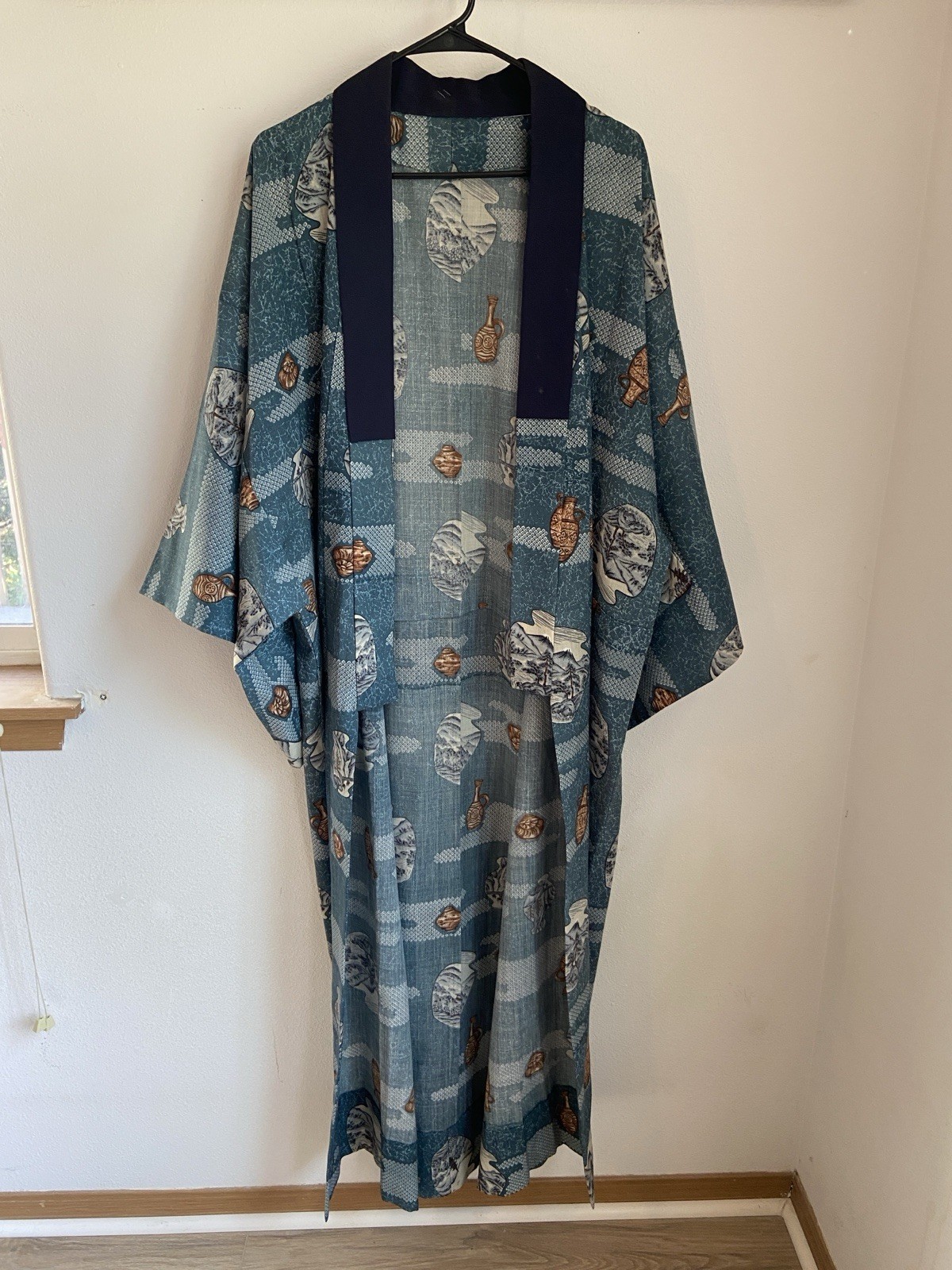 Vintage Mid-Century Japanese Kimono Blue Vases Pattern