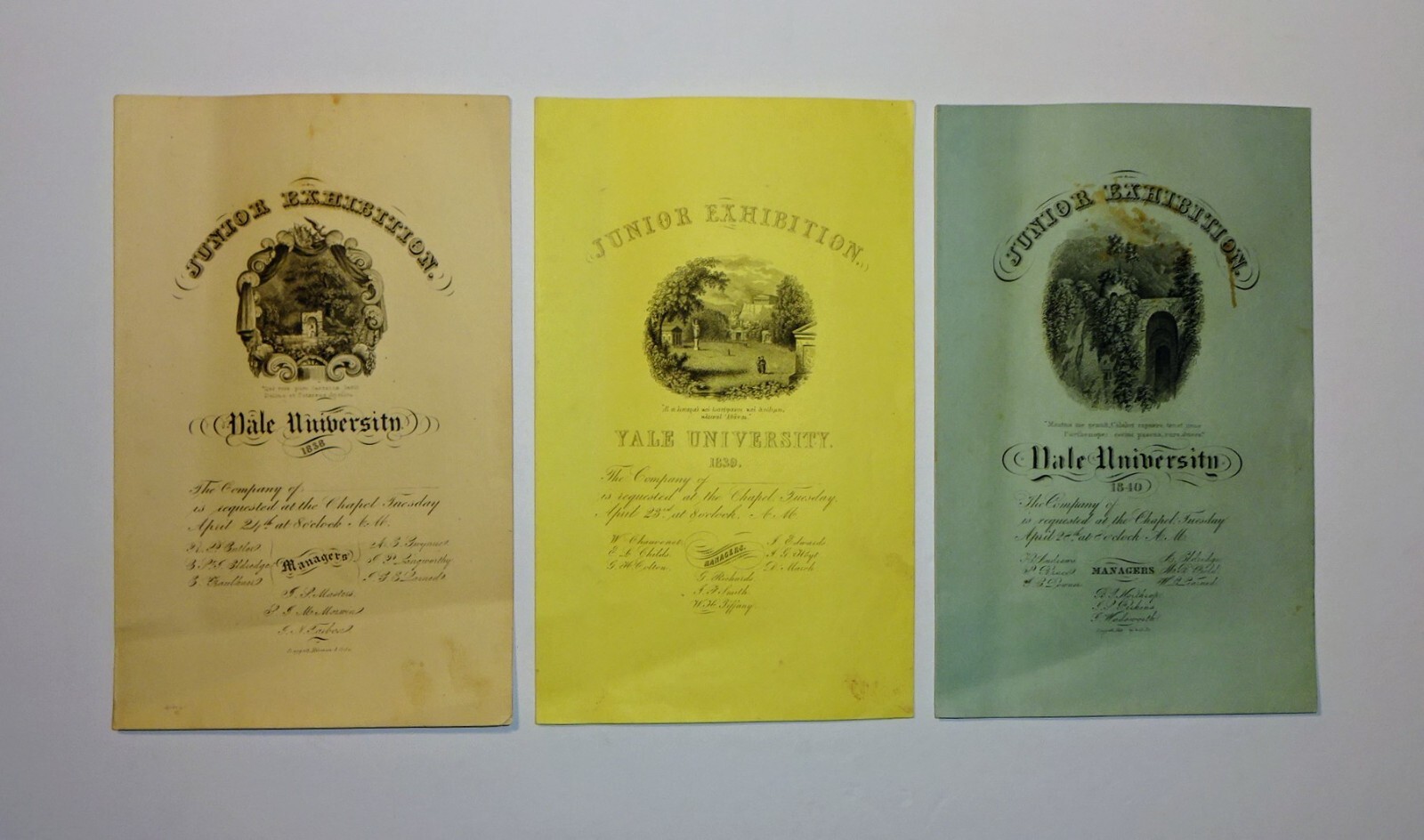 1838-39-40 YALE UNIVERSITY Junior Exhibition Invitations