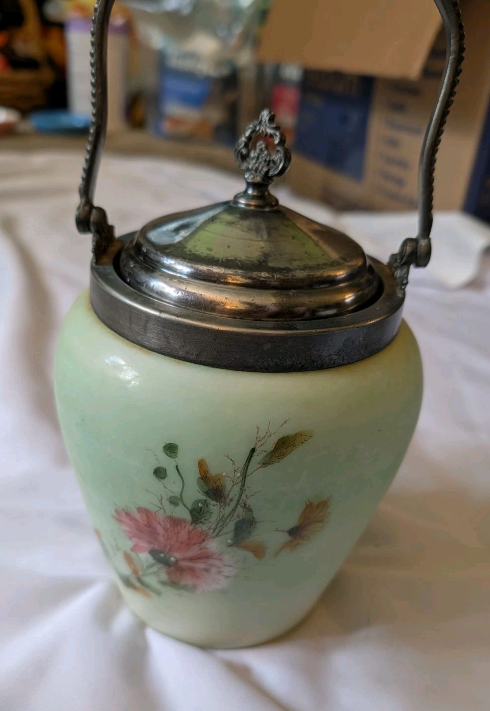 Antique Victorian Hand Painted Biscuit Cracker Jar Quadruple Silverplate 