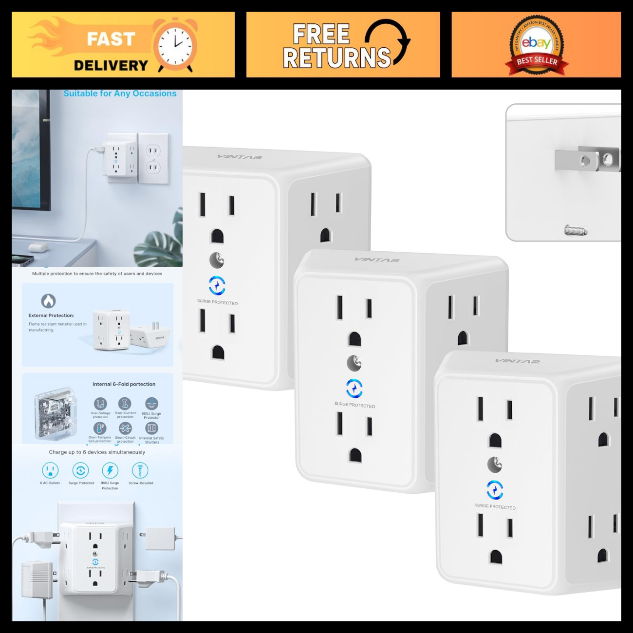 VINTAR 2 Prong to 3 Prong Outlet Adapter, 3 Sided 6 Outlet Extender, 3 Pack
