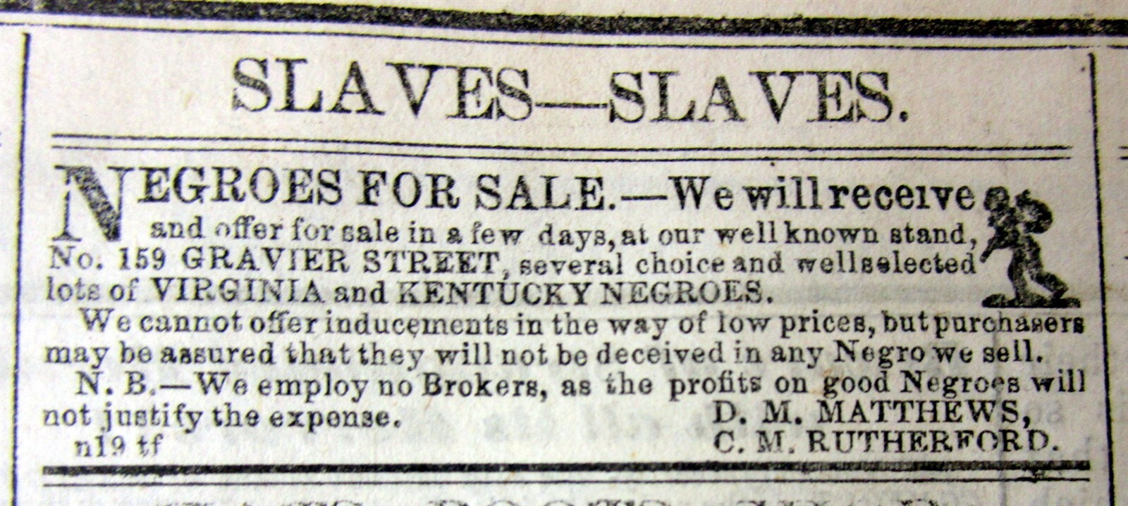 1854 New Orleans pre-Civil War newspaper w Illustrated NEGR0 SLAVES FOR SALE ad
