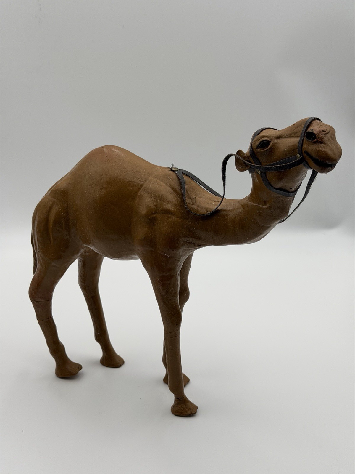 Vintage Large Leather Wrapped Camel Statue. Glass eyes 12 1/2” Tall Brown