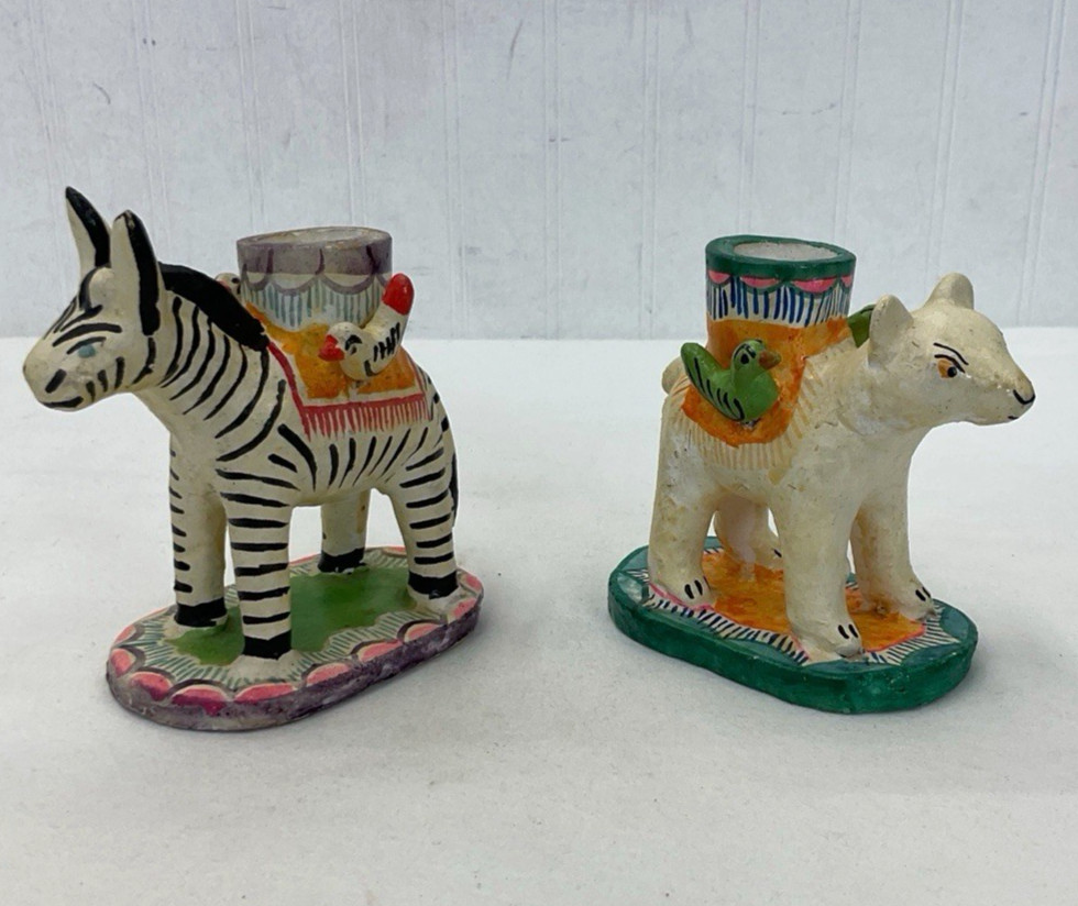 Vintage Mexican Folk Art Pottery Zebra and Polar Bear Candle Holders | Lot of 2