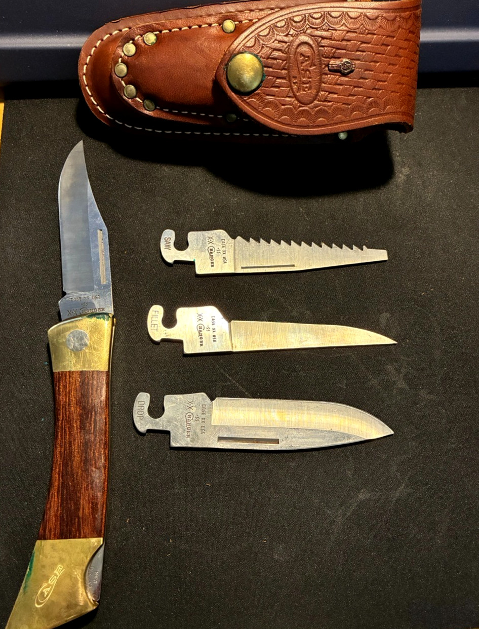 Vintage 1989 Case XX Changer Stainless Lockback Knife 4 Blades + Leather Sheath
