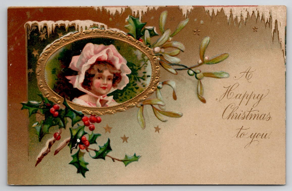 Happy Christmas Victorian Girl Portrait Gilded c1906 Frederick MD Postcard K45