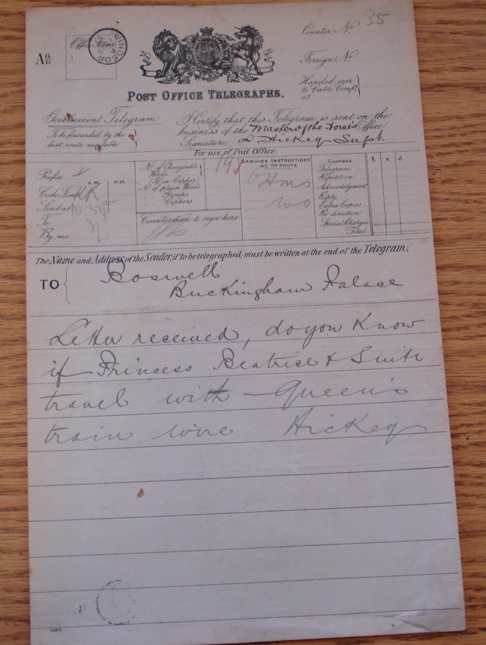 RARE TELEGRAM FROM WINDSOR TO BUCKINGHAM PALACE TO MASTER OF THE HORSE