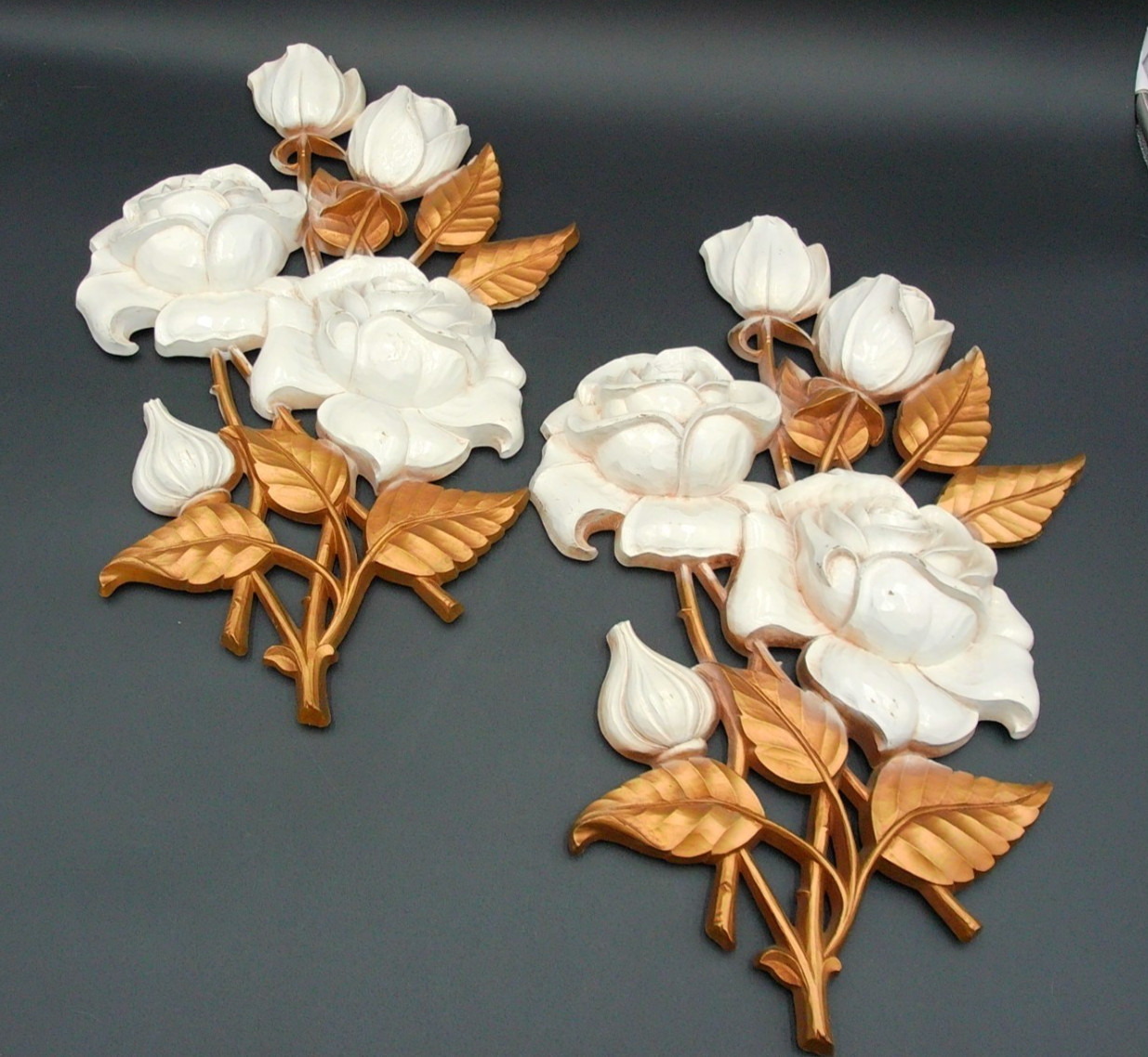 Vintage Syroco White Roses Wall Plaque A-4460 Gold Leaf Homco Set of 2