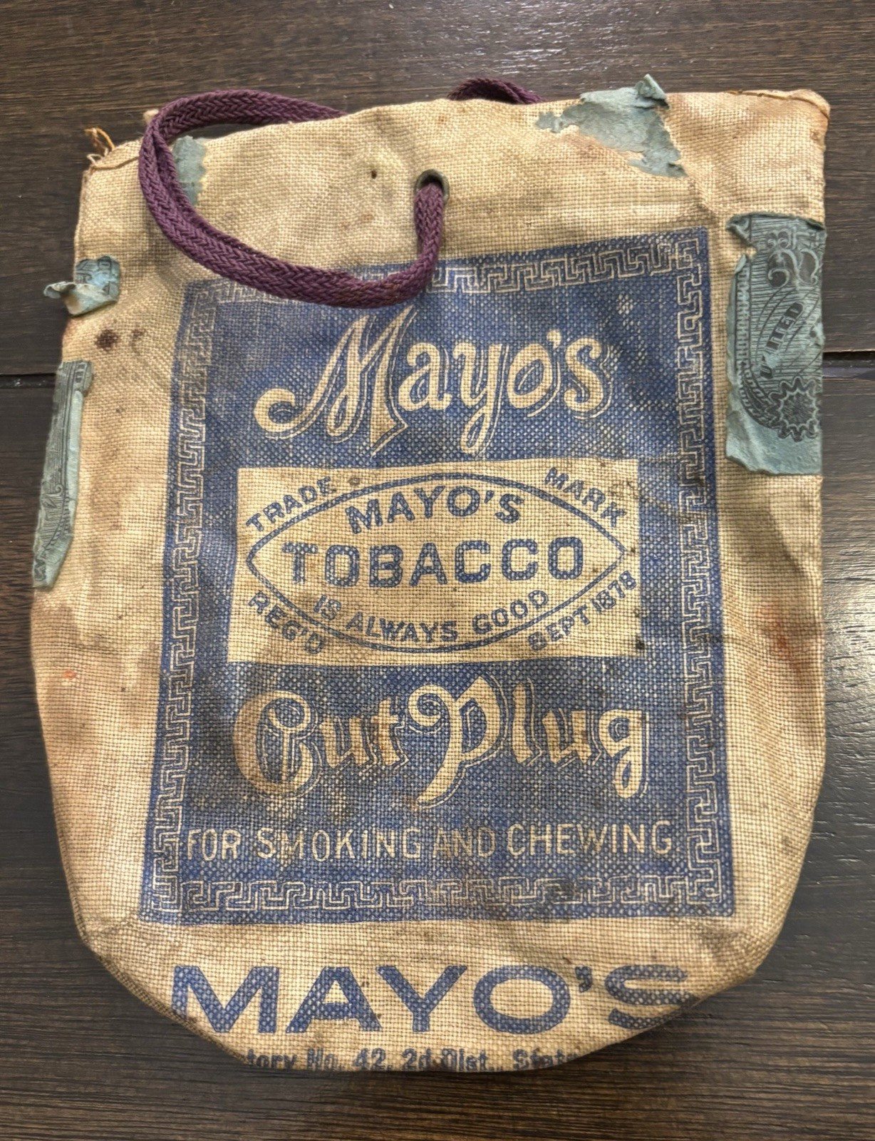Vintage Mayo Cut Plug Smoking Tobacco Bag Empty 1910s