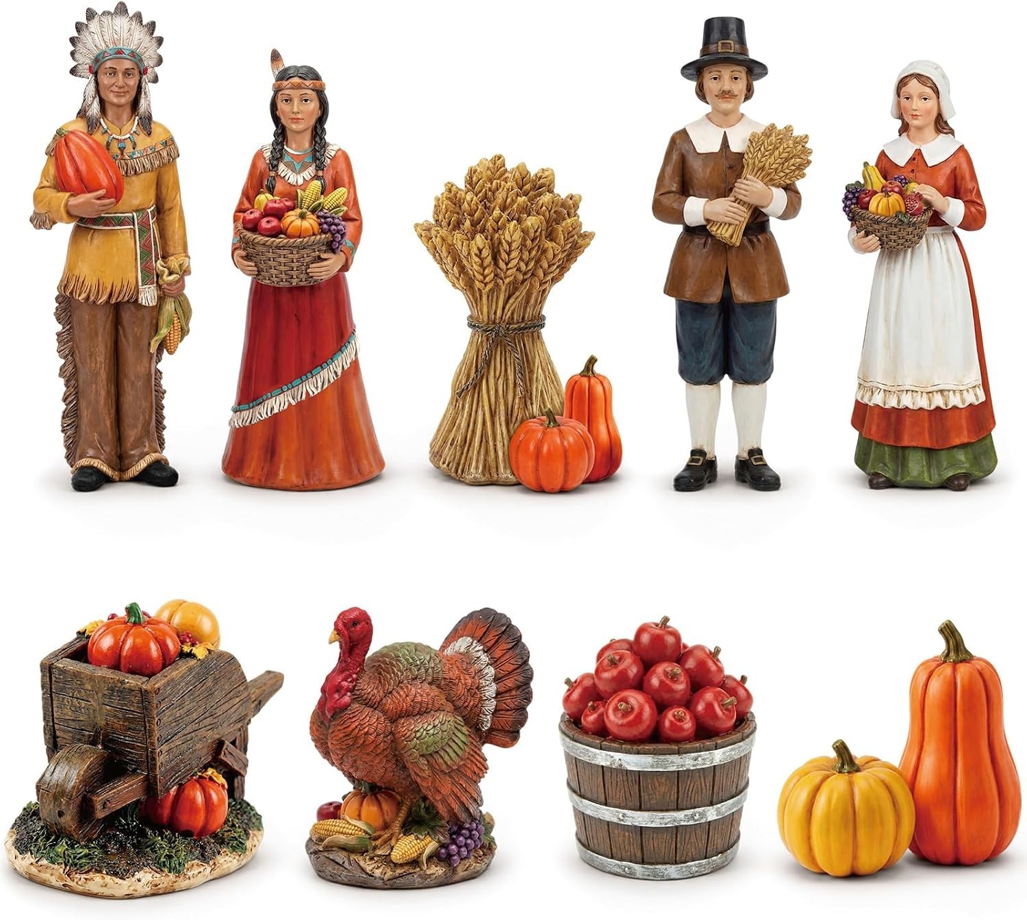 9 Pcs Thanksgiving Pilgrim Figurines Wooden Fall Harvest Village Tabletop Decor