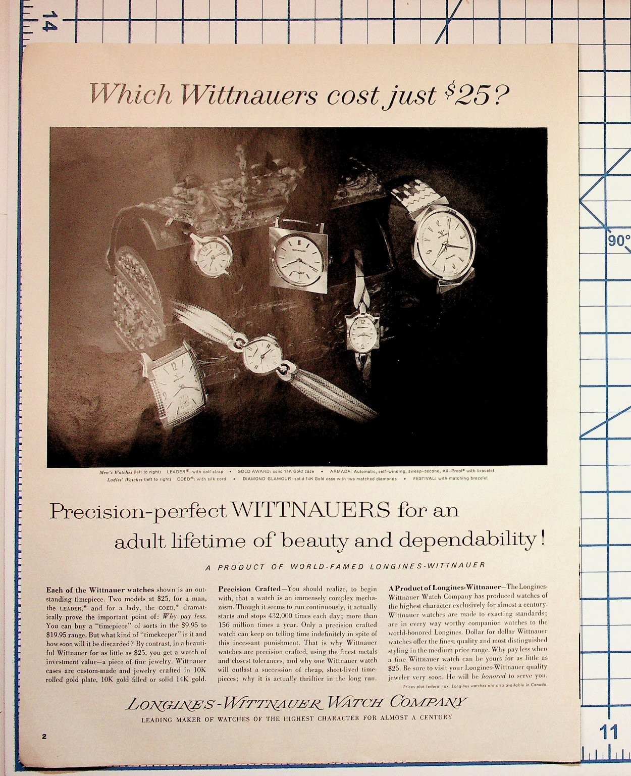 Vintage Wittnauer Watches Longines Magazine Ad 1940s 1950s Luxury Timepiece