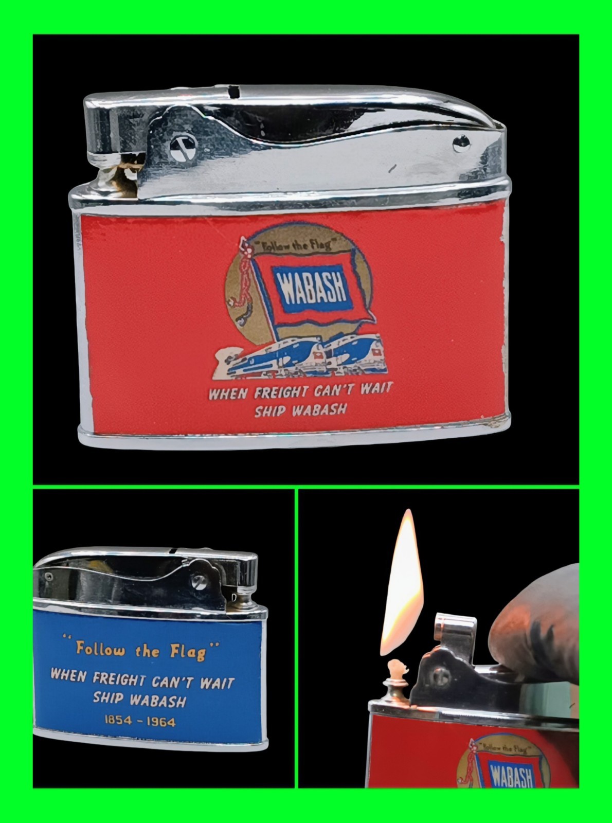 Vintage Wabash Railroad Train Freight Line Follow the Flag Flat Ad Lighter WORKS