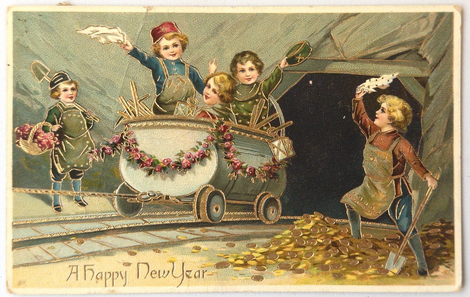 Vintage Embossed Happy New Year Children Mine Cart Gold Coins Postcard 1911