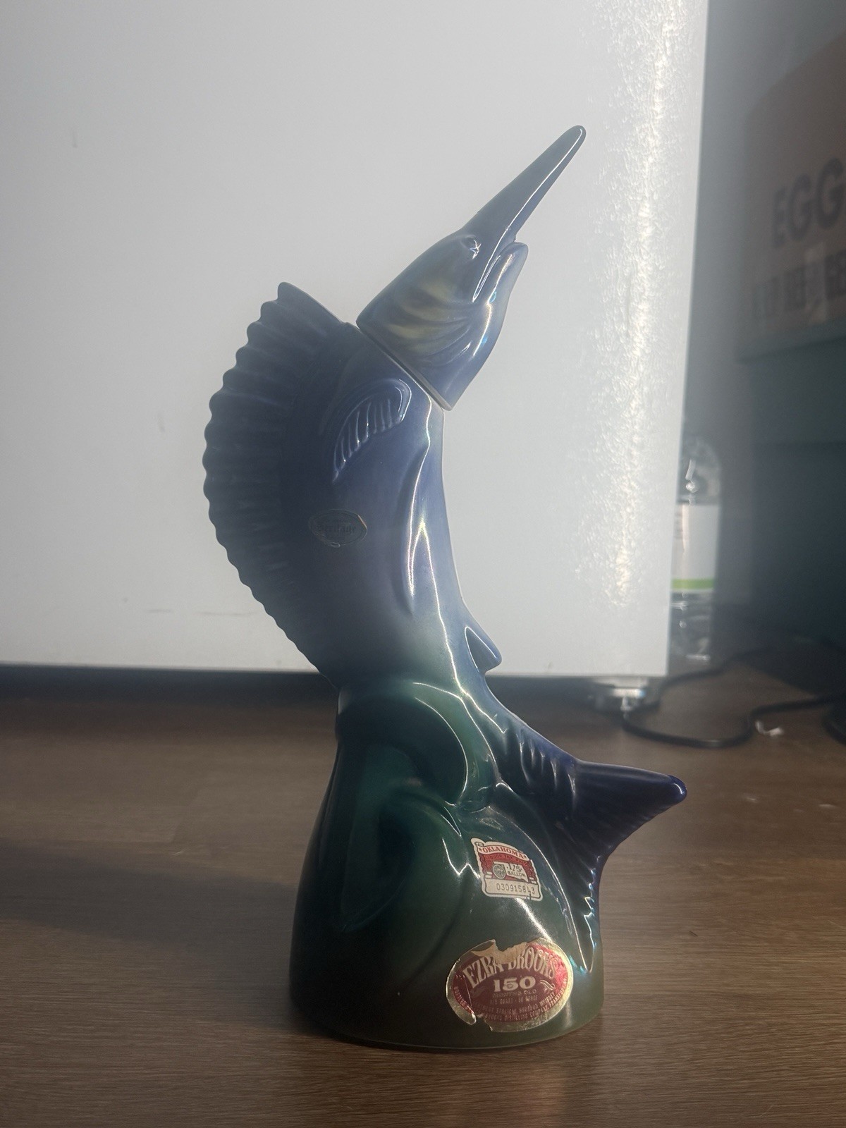 Vintage 1970 Ezra Brooks Sailfish Whiskey Decanter FZ-10 Blue Green Ceramic Fish