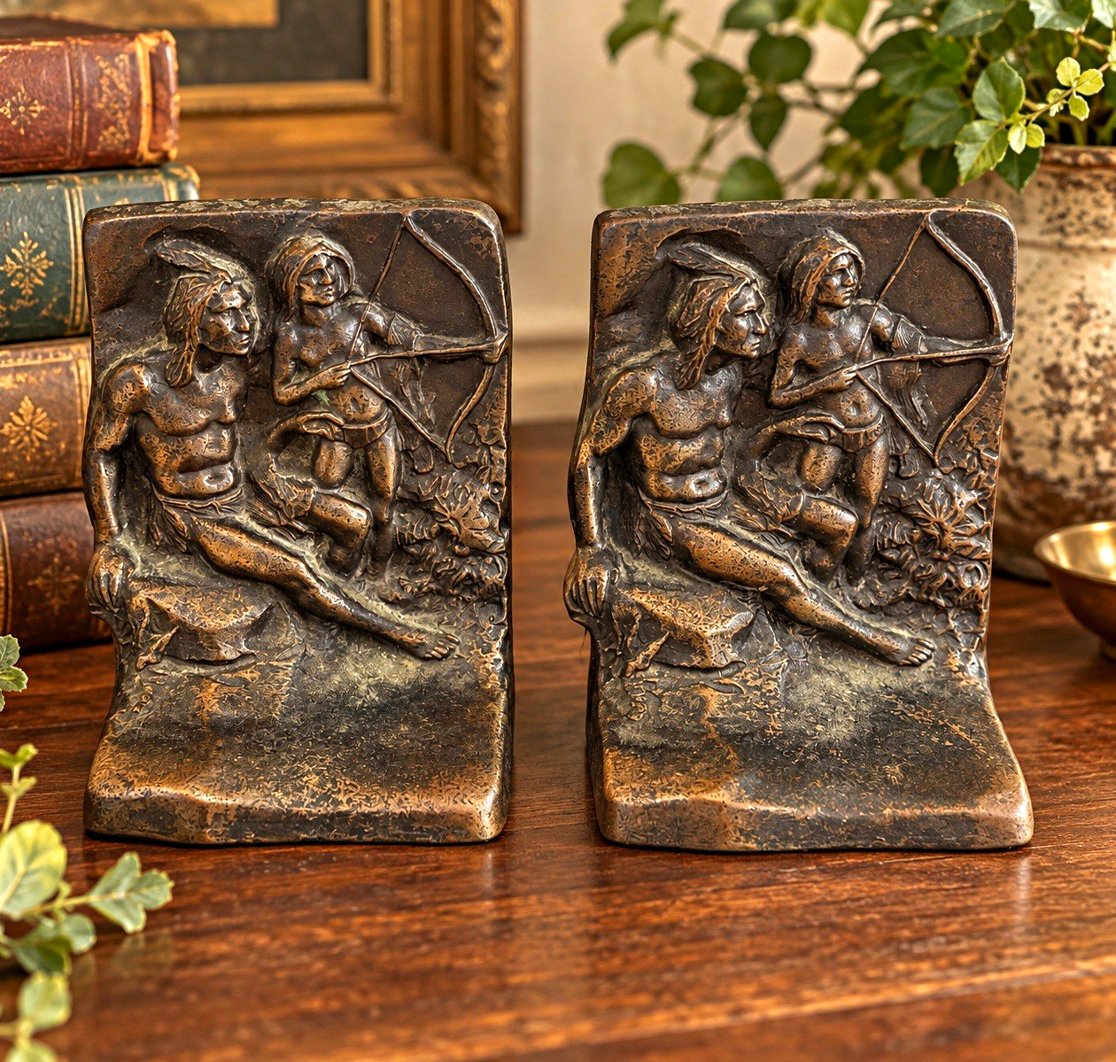 Antique 1920s Weidlich Brothers Native American Archer Bookends – Bronze – Heavy