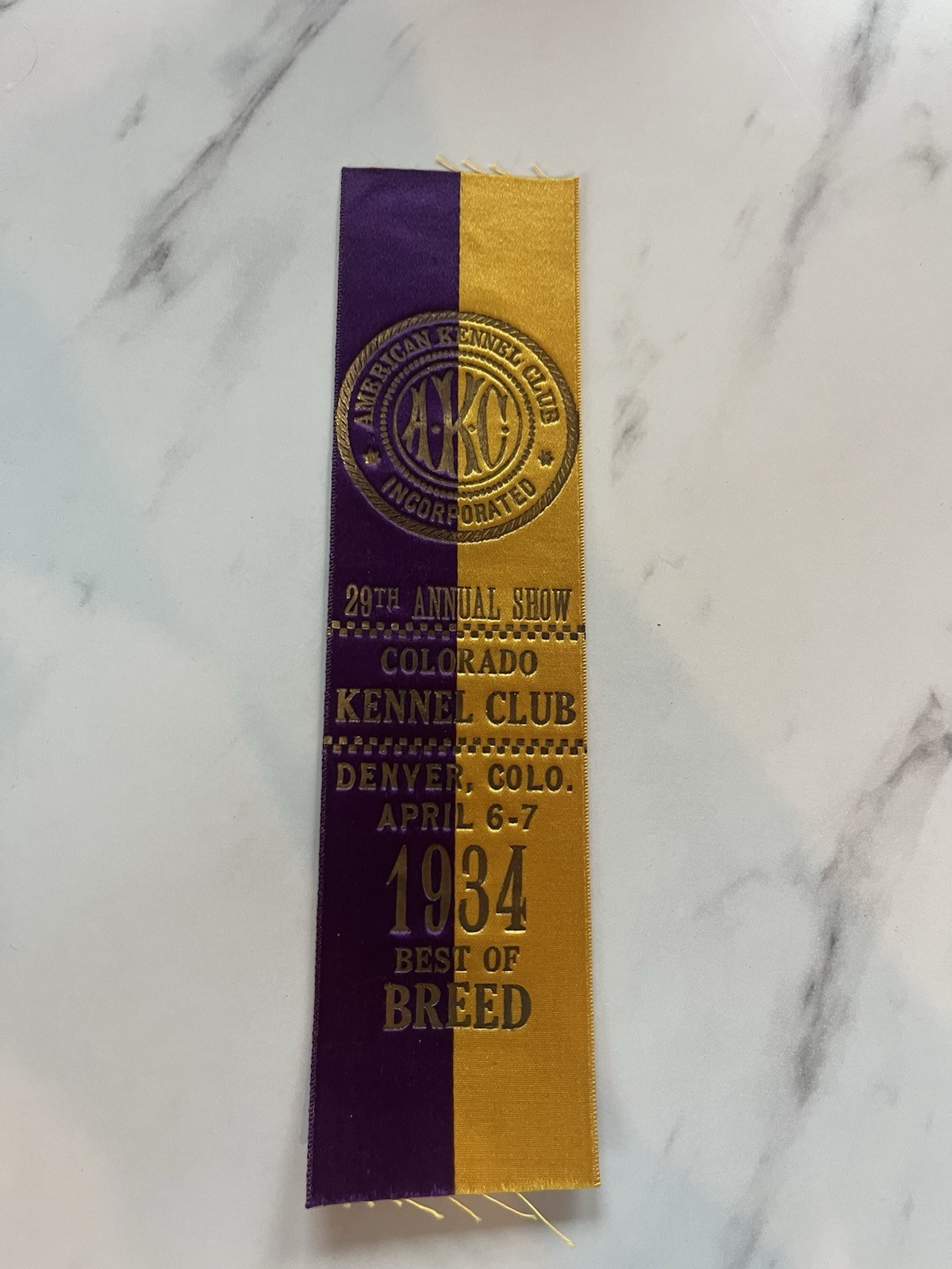1934 AKC Dog Show Ribbon - Colorado Kennel Club Denver - Best of Breed Vintage