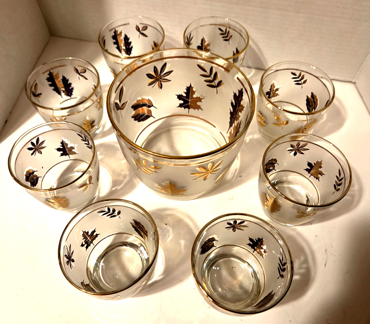 Vintage MCM BAR Set of 8 Libby  Golden Foliage lowball glasses & ice bucket