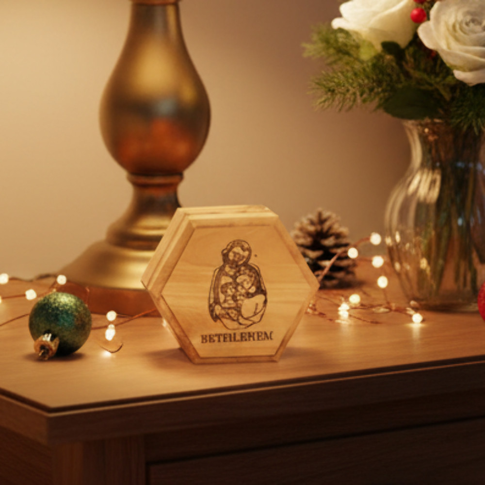 Holy Family Engraved Wooden Rosary Holder (Bethlehem), Hexagon