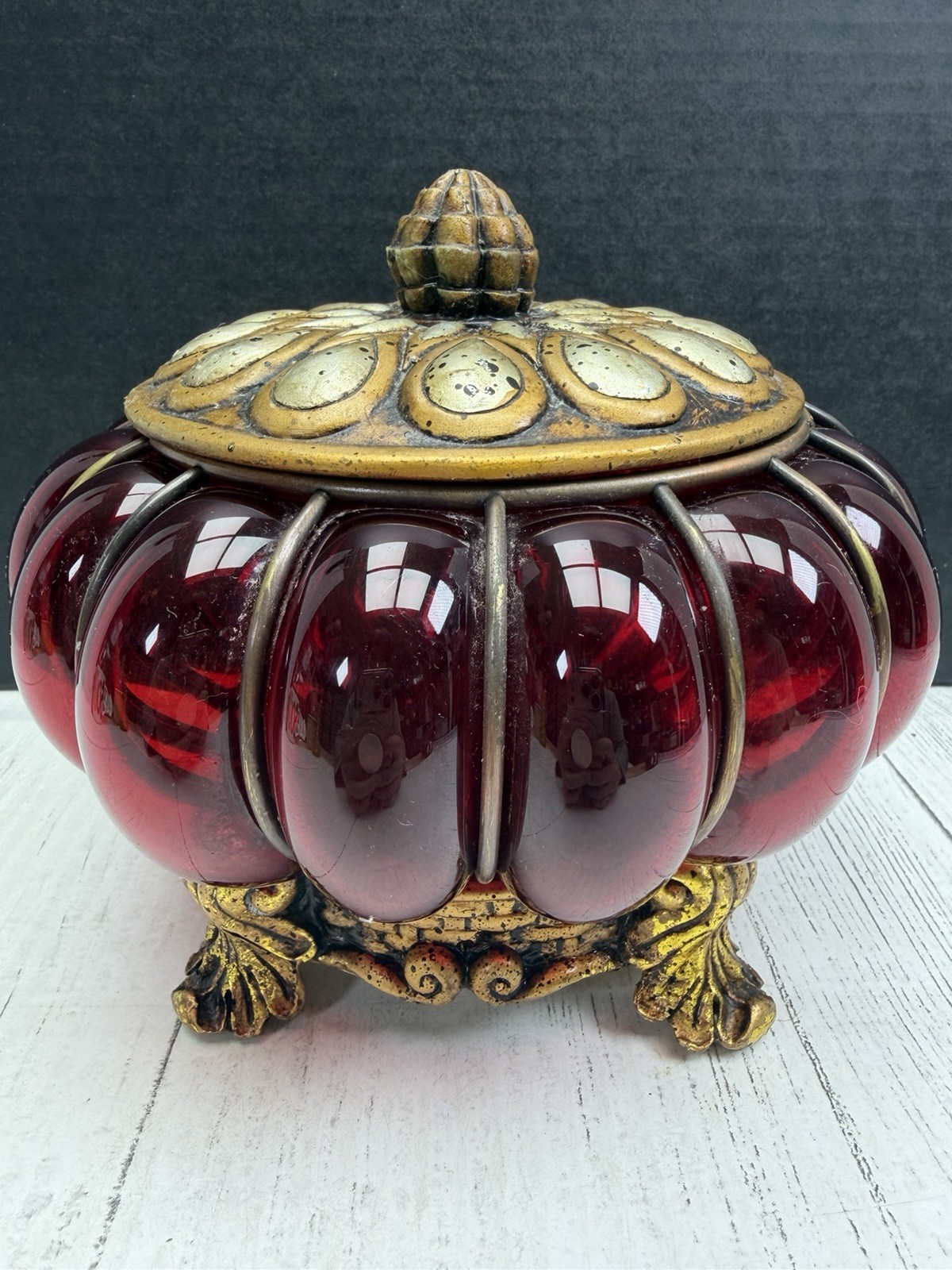 Vintage Ruby Red Caged Bubble Glass Brass Apothecary Jar Ornate Lidded Box