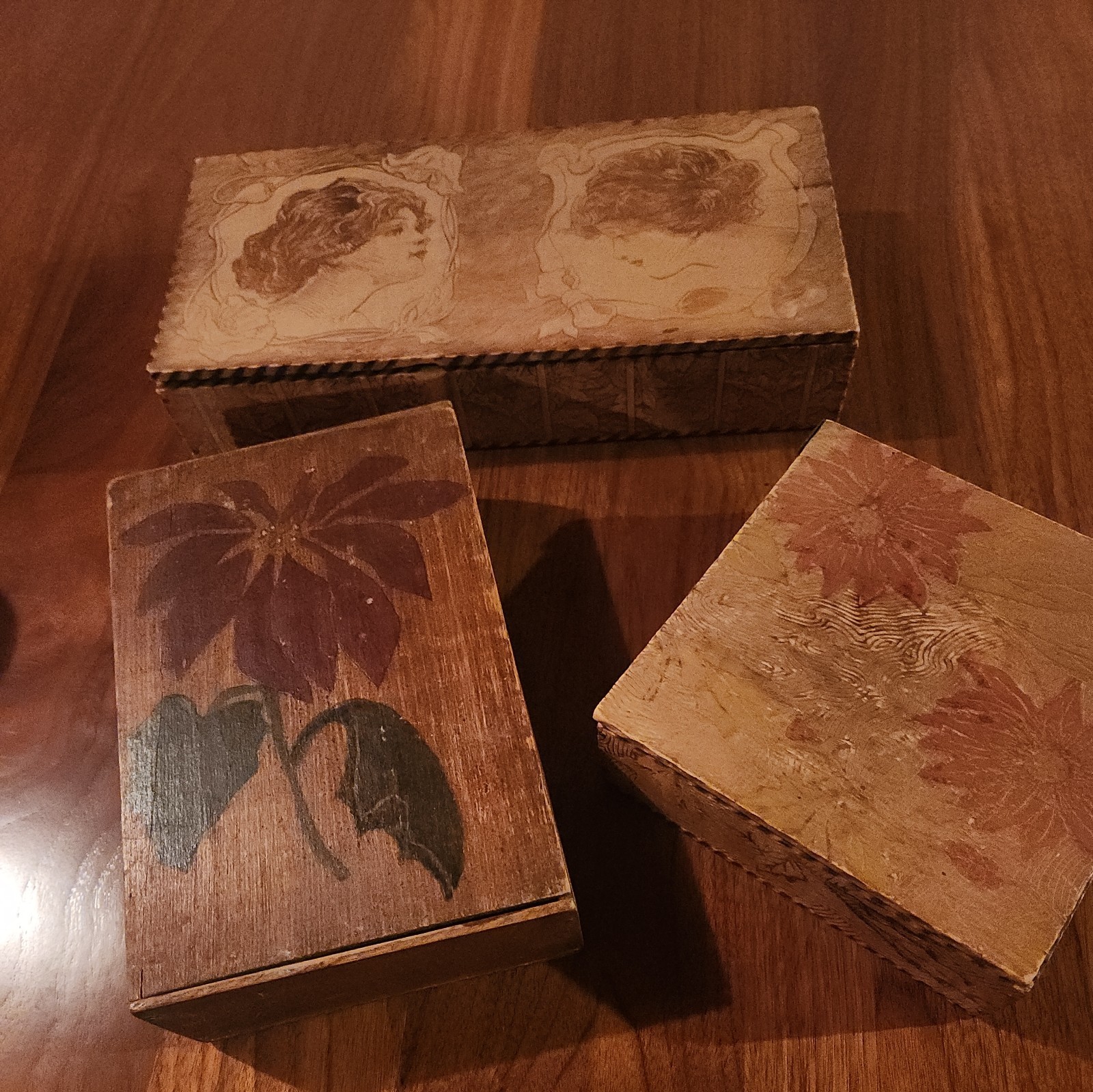 Vintage Lot of 3 Trinket Boxes with Unique Etchings and Paint-Various sizes 
