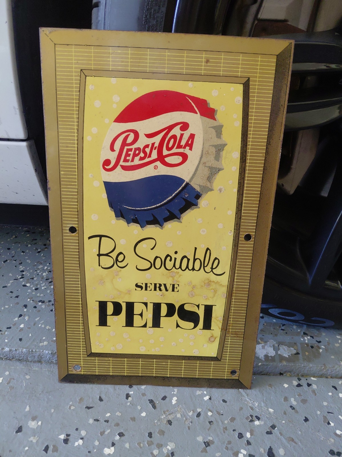 c.1940s Original Vintage Serve Pepsi Sign Metal Rack Topper 2 Sided Be Sociable