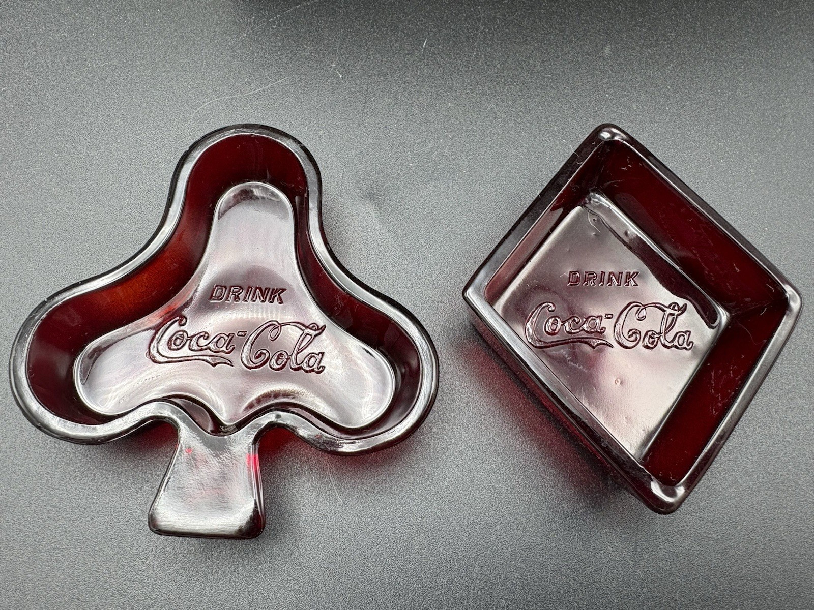 Vintage 1950s Coca Cola Ruby Red Glass Ashtray - Set of 2 - Spade & Diamond