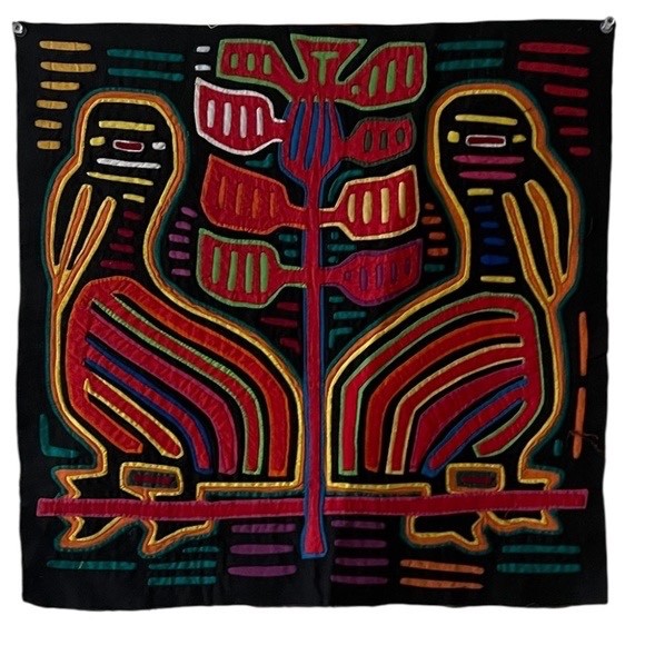 Vintage Hand Crafted Panama Mola Maze Reverse Applique Colorful Birds